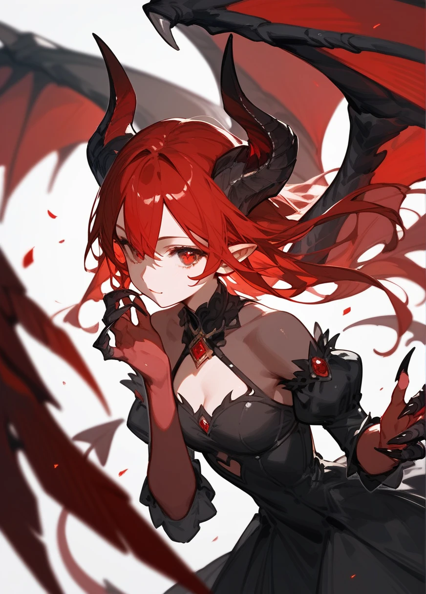 (score_9,score_8_up,score_7_up),1girl,girl demon,red hair,red eyes,wings,claws,black dress,beautiful_face,