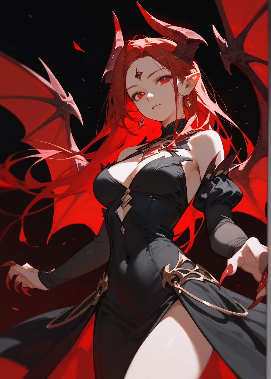 (score_9,score_8_up,score_7_up),1girl,girl demon,red hair,red eyes,wings,claws,black dress,beautiful_face,