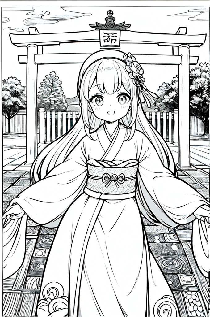As a coloring book, the color should be black and white, the border should be simple, clear, and bold. A cheerful Asian girl with bright eyes and a mischievous smile is playfully posing in front of the iconic [Fushimi Inari-taisha Shrine] in Kyoto, Japan. She is dressed in a vibrant [kimono with fox pattern], the bold orange and white colors complementing the vermilion torii gates that line the path. The girl's hands are clasped in a playful gesture, and her hair is adorned with a traditional [kanzashi hair ornament].
