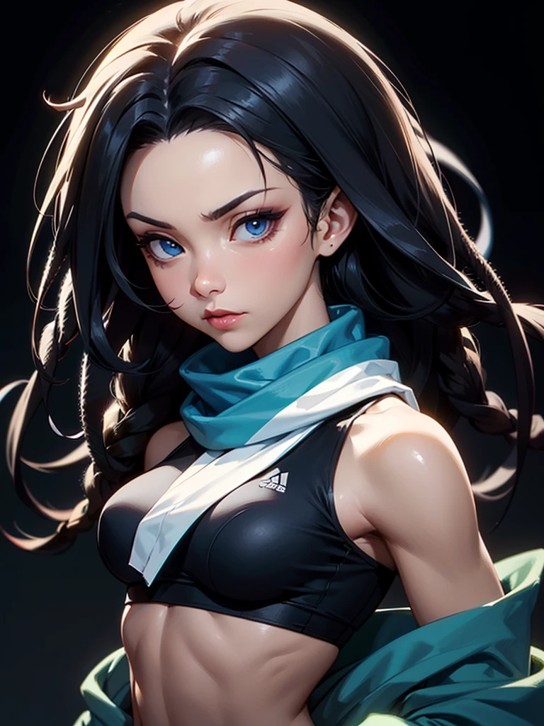 ((Portrait Photo)), She has an Athletic and Slender Appearance, with a Strong Build, Dark Skin and Relaxed Aura. She Expresses a Calm and Indifferent Look, Giving Off a Composed and Unfazed Attitude. She has Deep Blue Eyes, and Her Hair is Long and Black, with Dreadlocks Falling Over Her Forehead. She Wears an Open White Jacket, with a Sports Tank Top, Revealing Her Midriff. ((Portrait Photo, HDR, Dark Background))