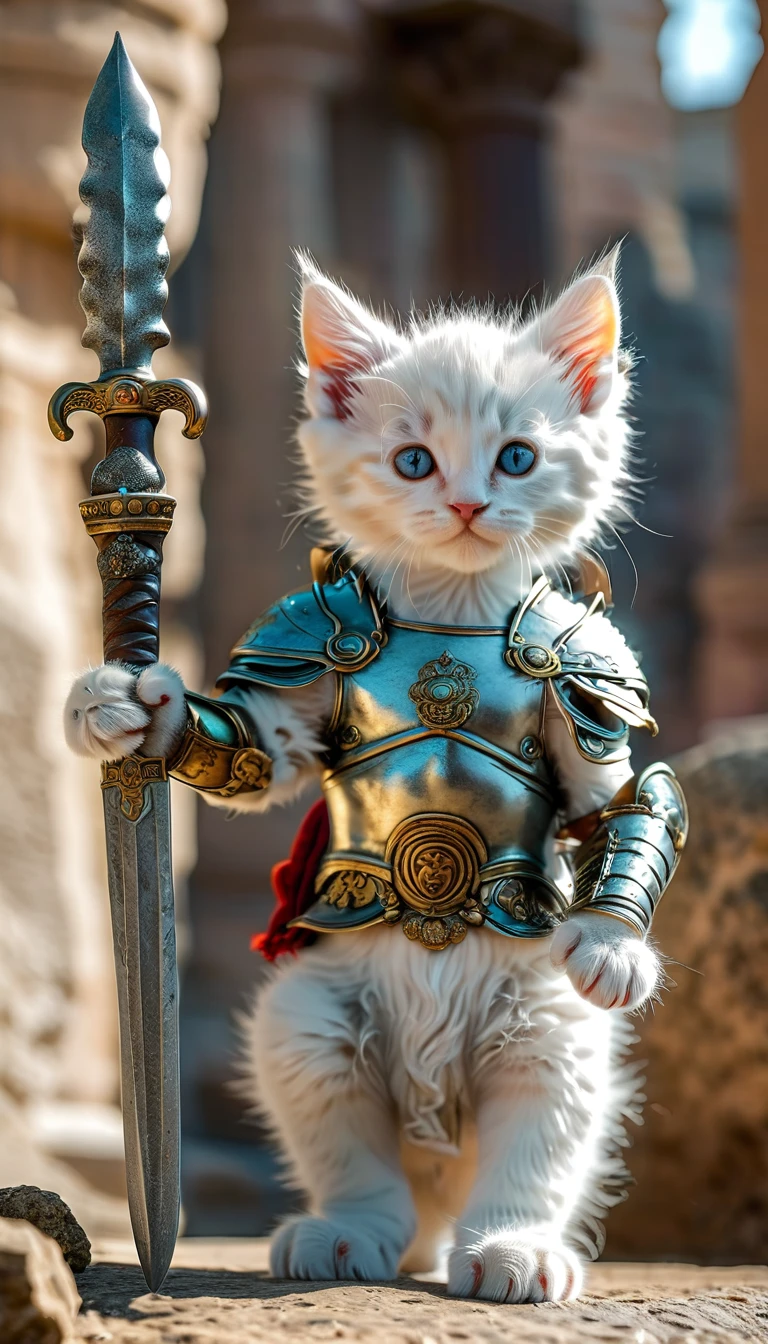 Roman period white Kitten Warrior Full Body Shot Looking this way