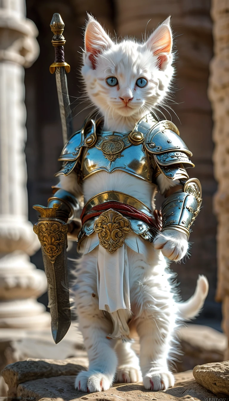 Roman period white Kitten Warrior Full Body Shot Looking this way
