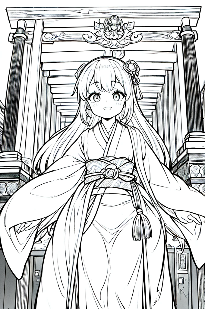 As a coloring book, the color should be black and white, the border should be simple, clear, and bold. A cheerful Asian girl with bright eyes and a mischievous smile is playfully posing in front of the iconic [Fushimi Inari-taisha Shrine] in Kyoto, Japan. She is dressed in a vibrant [kimono with fox pattern], the bold orange and white colors complementing the vermilion torii gates that line the path. The girl's hands are clasped in a playful gesture, and her hair is adorned with a traditional [kanzashi hair ornament].