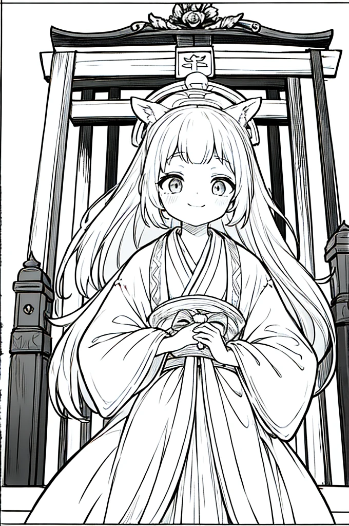 As a coloring book, the color should be black and white, the border should be simple, clear, and bold. A cheerful Asian girl with bright eyes and a mischievous smile is playfully posing in front of the iconic [Fushimi Inari-taisha Shrine] in Kyoto, Japan. She is dressed in a vibrant [kimono with fox pattern], the bold orange and white colors complementing the vermilion torii gates that line the path. The girl's hands are clasped in a playful gesture, and her hair is adorned with a traditional [kanzashi hair ornament].
