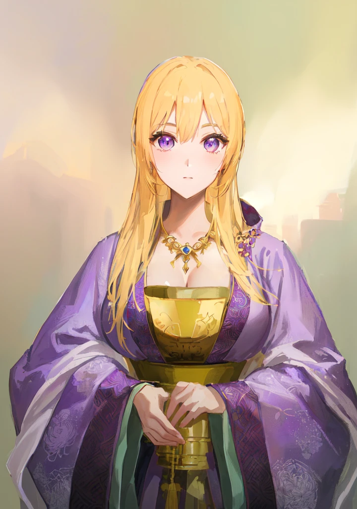 Wearing a purple robe、Cartoon image of a woman holding a bowl, ((Beautiful fantasy queen)), Produced in collaboration with Anime Painter Studio, Anime Goddess, Portrait of the Knights of the Zodiac, elfic priestess, ((Wearing noble robes)), Anime style like fate/overnight, Beautiful fantasy queen, In the anime painter studio,Three Kingdoms,Three Kingdoms志,Chinese style,antiquity,Hanfu,,Huge Breasts,Good shape,Royal sister,Purple Eyes,Celluloid