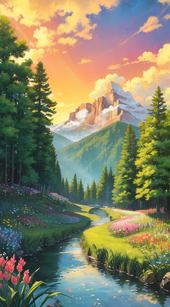 In the verdant countryside, a corridor of rocky mountains stretches out, its jagged peaks kissing the azure sky. The landscape is adorned with an array of colorful vegetation, vibrant greens and hues of yellow and orange, painting a picturesque scene. Amidst this natural splendor, roses and flowers bloom in abundance, their fragrance wafting through the air. The sky above is painted with huge and full clouds, each one a masterpiece of nature's artistry, gradually tinting with the hues of the sunset. The golden light casts a warm glow on the landscape, creating a captivating visual treat that is best experienced in ultra-
