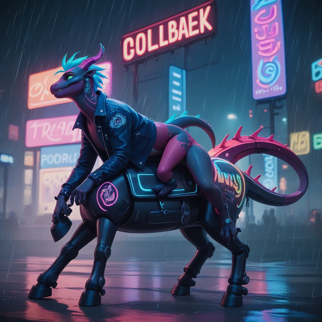 （Furry、A little lizard boy riding a mechanical horse）Fluorescent Body、Two horns、Colorful Neon、night、rain、cyber punk、Lane