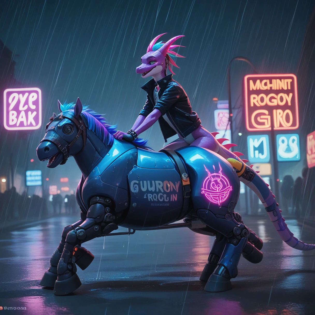 （Furry、A little lizard boy riding a mechanical horse）Fluorescent Body、Two horns、Colorful Neon、night、rain、cyber punk、Lane