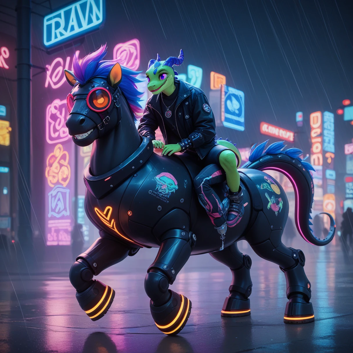 （Furry、A  lizard boy riding a mechanical horse）Fluorescent Body、Two horns、Colorful Neon、night、rain、cyber punk、Lane