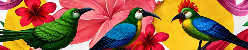 ((best qualityer)), background with drawn tropical flowers and 4 Brazilian birds