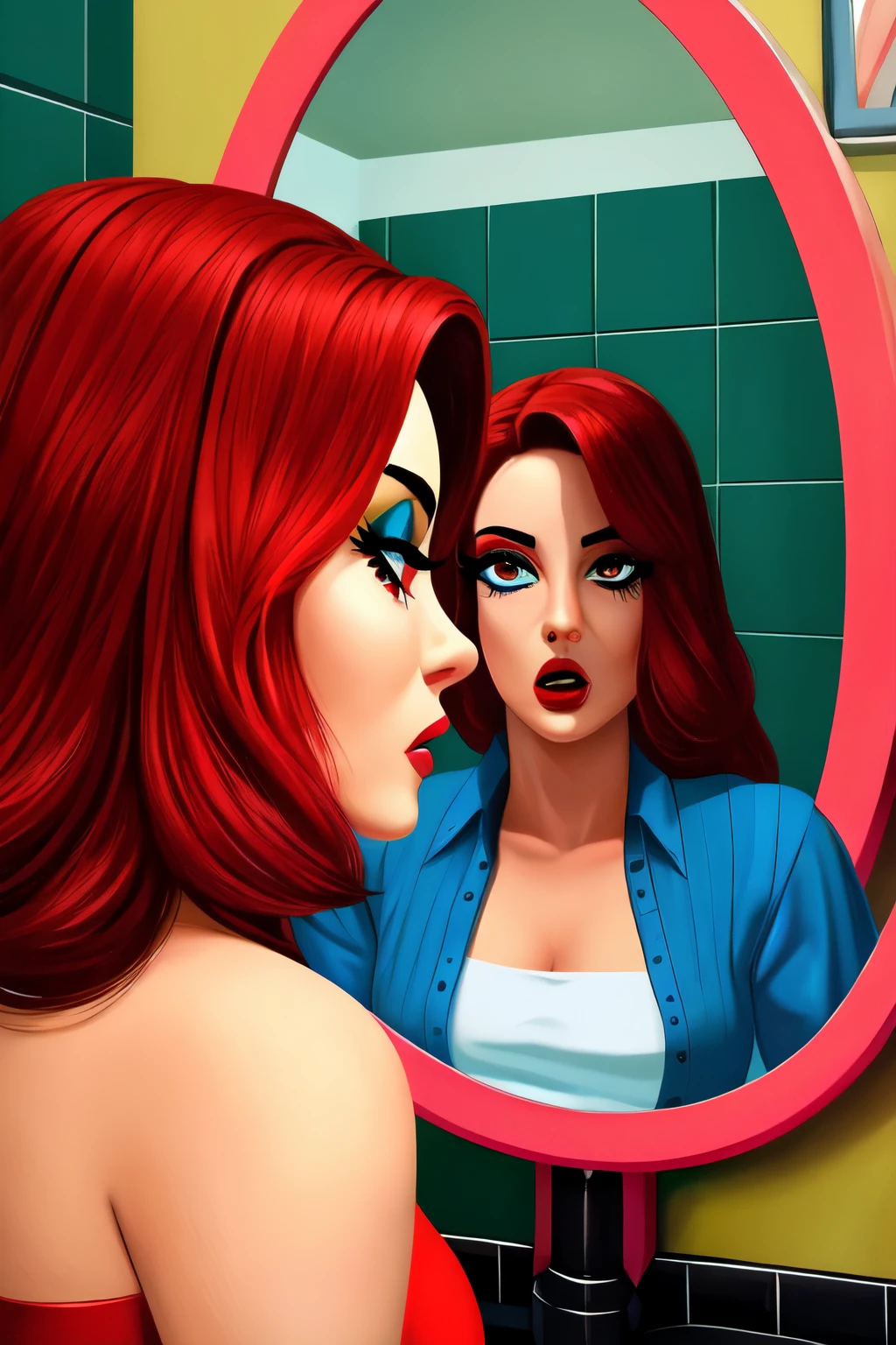 Create a pop art style image of a red-haired woman, pretty, looking in the mirror with a scared expression. She is wearing a red dress. Your face is melting, and your makeup is smudged, especially the black eyeliner. The image must capture the drama of the moment and be of high quality, restroom, image must be sideways, where do you see her looking in the mirror