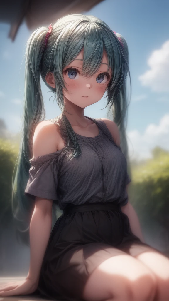 Hatsune Miku wearing a white one-piece dress with an off-the-shoulder look, sitting in nature with a blue sky in the background, in the style of Makoto Shinkai。