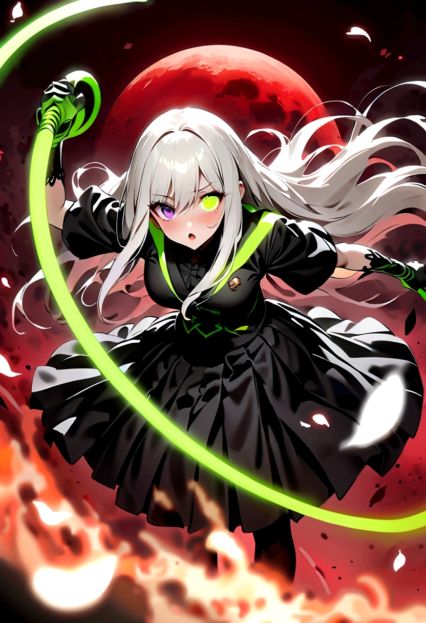 Japanese Anime，1 girl swinging a whip，Silver long hair，White flowers on eyes，Fire  butterflys，Anime style，body movements，(((White spots on eyes：1.37)))，(((Black pleated skirt，)))，Elegant Posture、Red Moon、dark purple tones，Elegant and atmospheric。，(((Fluorescent green whip：1.37。Motion blurred，)))，Petals in the sky，Blurred foreground，Face Focus