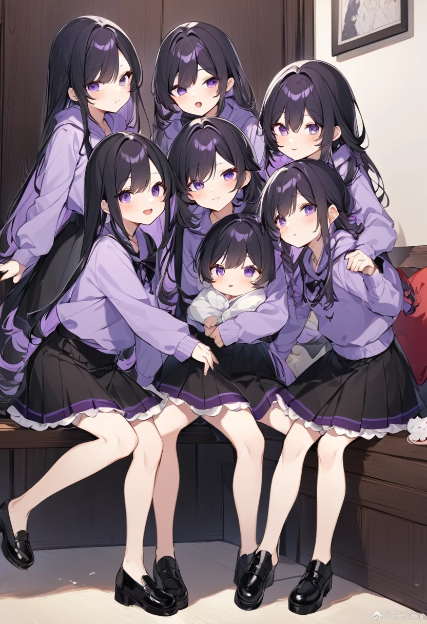 Keito。Purple hoodie。Black Skirt。Purple Eyes。Black Hair。Black shoes下。Black shoes。6 sistery eldest daughter has lavender hair.。all female。Sextuplets