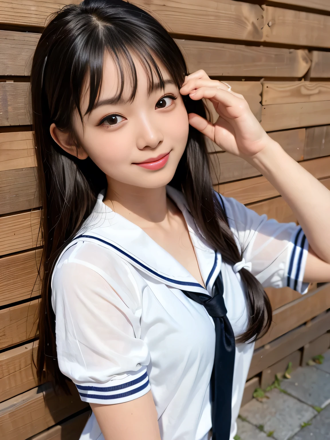 (masterpiece:1.3)、Very fine finish、(High resolution、8K:1.3)、(Highest quality)、(Ultra-realistic as a photo:1.3)、Correct limbs、Anatomically correct, The face is in focus、(Face close-up:1.3)、 Ultra High Resolution Face、The face is in focus、Ultra high definition and beautiful eyes、Concentrated eyes、Eyes are symmetrical:1.3、High quality and beautiful skin、Firm Skin、Ultra HD Hair Texture、Japanese women、 years old、Short Twin Tails、very cute, Half Up:1.3, high school girl、high school girl break (Short-sleeved high school girl uniform、Short-sleeved sailor suit:1.3), (Embarrassing:1.3), (blush:1.3), (Troubled expression:1.3), Mr..々Shooting angle:1.3, View your viewers, Browsing Caution, Licking fingers、Red Wall、smile