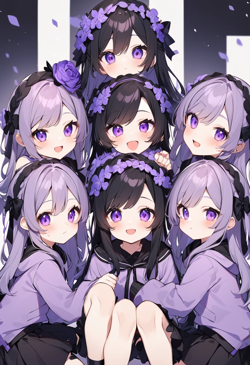 Keito。Purple hoodie。Black Skirt。Purple Eyes。Black Hair。Black shoes下。Black shoes。6 sistery eldest daughter has lavender hair.。all female。Sextuplets