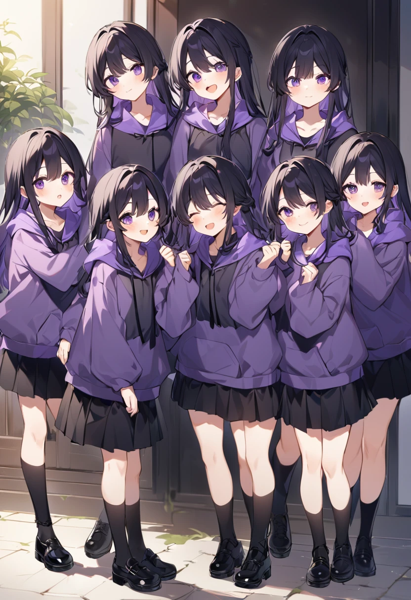 Keito。Purple hoodie。Black Skirt。Purple Eyes。Black Hair。Black shoes下。Black shoes。6 sistery eldest daughter has lavender hair.。all female。Sextuplets
