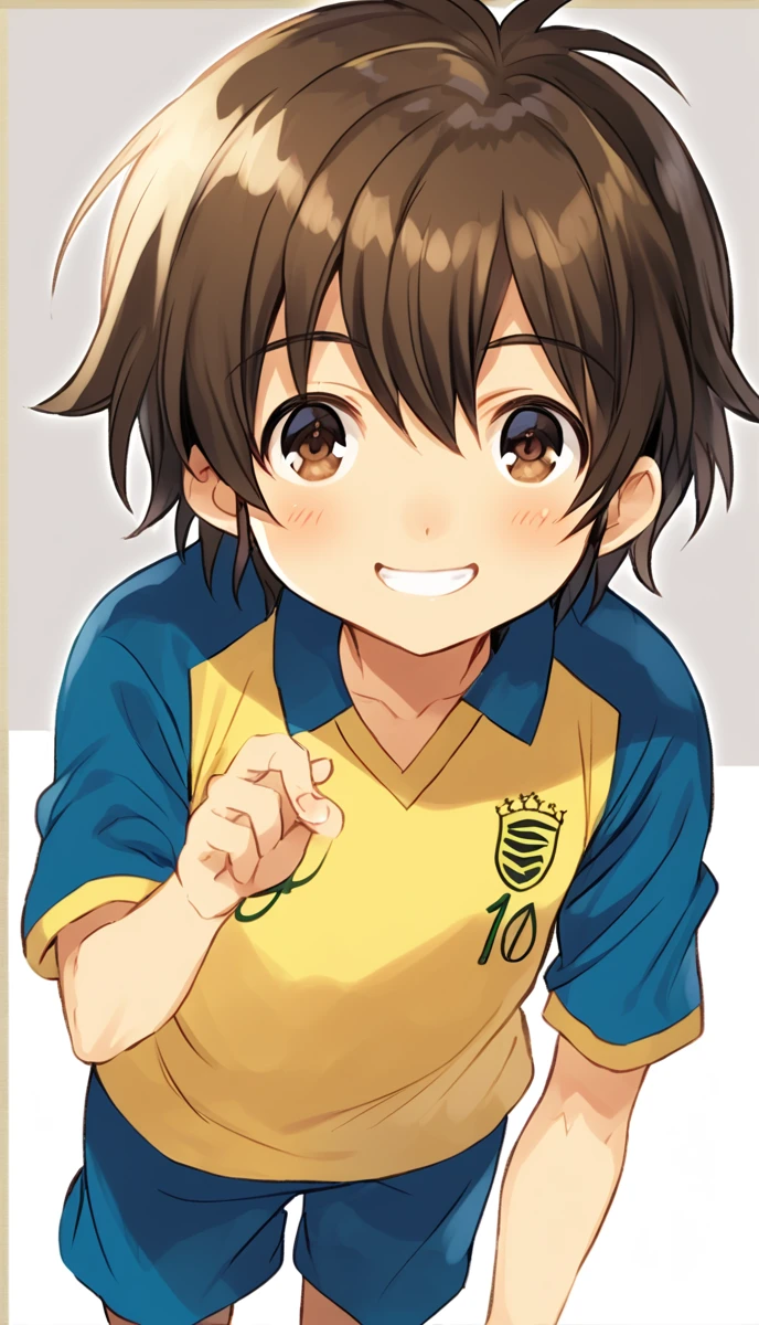 anime, One boy, Handa Shinichi, Brown Hair, Brown eyes, Raimon Soccer Uniform, Pause, smile, View your viewers, Eat rice balls、piece、No background