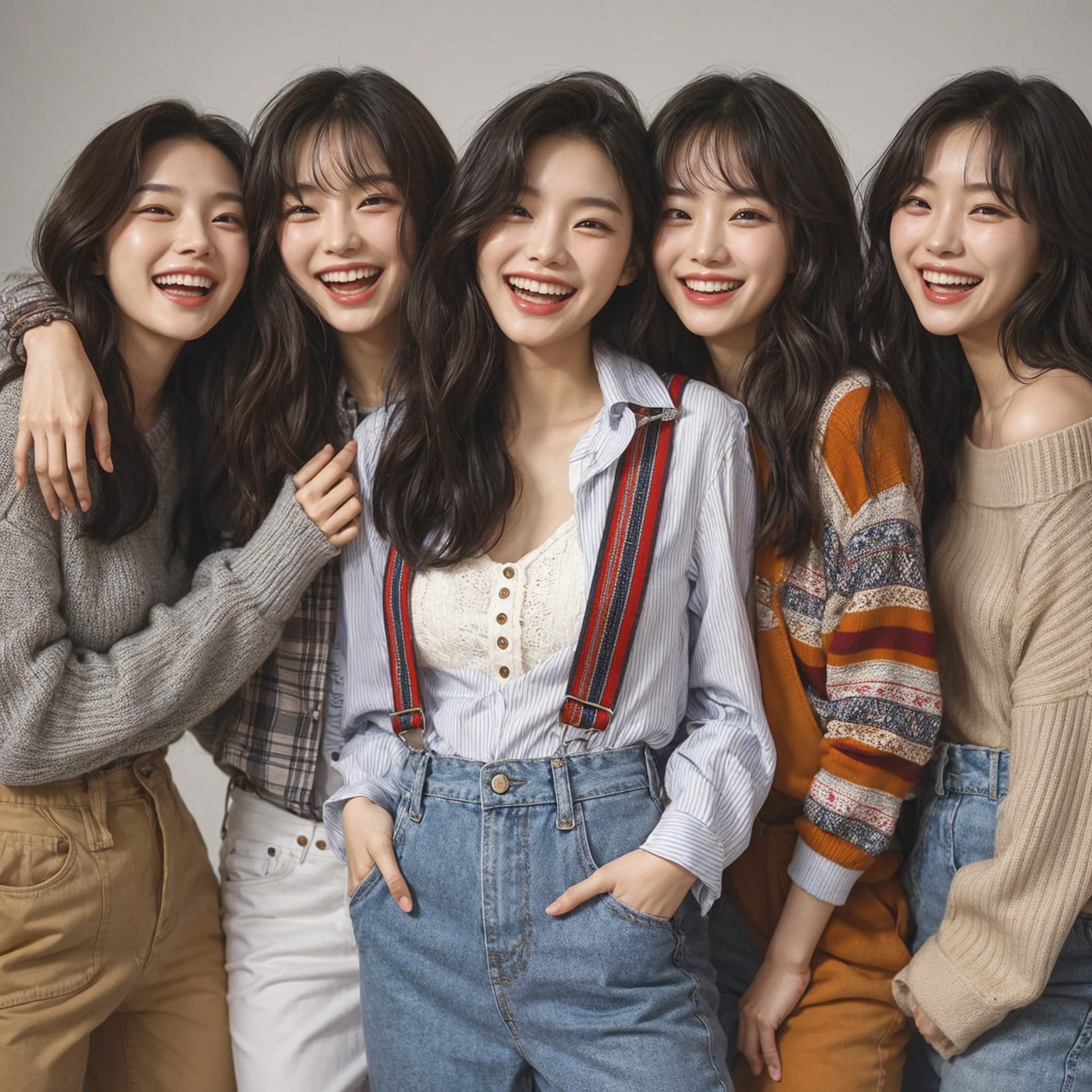 Create a scene featuring a group of five young korean woman enjoying a joyful moment together. They are all standing close, with arms around each other’s shoulders, smiling. The friends are dressed casually in trendy, youthful attire that reflects their individual styles, including a mix of patterned shirts, sweaters, suspenders, and jackets. adding to the relaxed and happy atmospher, Emphasize the sense of camaraderie and the fun they are having together.