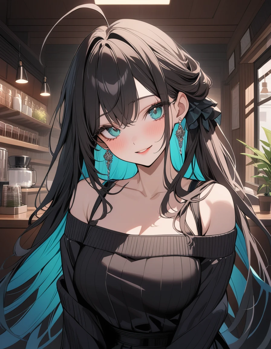(Highest quality:1.2, three-dimensional, High Detail, masterpiece:1.2, Best aesthetics), (1 girl), Beautiful woman, Beautiful detailed eyes, Beautiful detailed lips, Highly detailed face, Delicate depiction of hair and eyes, Detailed Fashion, (detailed background:1.2) ((Portraiture, Cowboy Shot)), Aqua Eye, huge ahoge, Mouth open, Earrings, View your viewers, breasts, upper body, full body from knees to head, gaze away, gaze into the distance, smile lightly, fancy nails, in Sibuya city, in the cafe, bracelet, long hair, color inner hair, dark hair, black off-shoulder knit, pleated skirt, standing