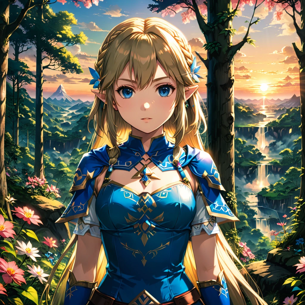 zelda,legend of zelda,zelda outfit,perfect ,innocent,by Yusuke Nakano,flower,forest,sunset,cinematic lighting,anime,(masterpiece,8k,Professional,perfect composition,very aesthetic,absurdres,ultra-detailed,intricate details:1.2),perfect proportion