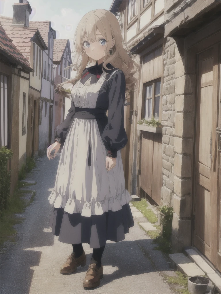 1girl, (anime coloring:1.2), perfect_anatomy,8k, otherworldly, upturned eyes, beautiful_hair,feminine, endearing smile, german clothes, medieval costume, standing, Stone buildings, Medieval town, Traditional dress, Long skirt, Simple shoes, Cheap clothes,