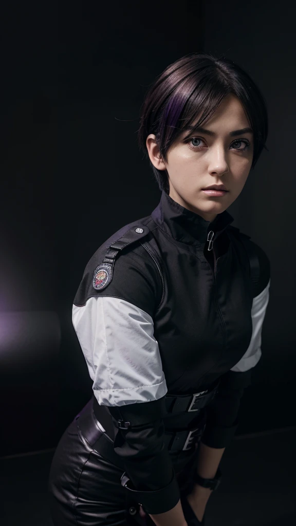 High-resolution anime digital art, Masterpiece, tomboy, mature, sexy, smart, short hair color pitch black, real detail eyes pupil purple, Wear Black FBI Uniforms, black chokers, Serious face, Full Body, Alone, Black Backgrounds.