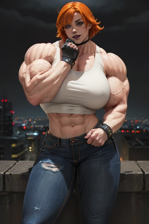 (((((Massive, beautiful, buff, pale white skinned muscular woman with orange hair, black lipstick, ginormous bulky muscles, leaning with hands on a ledge and wearing a black tank top with tight denim jeans))))), (close view), massive muscles, hyper muscles, long shaggy hair, ((black leather tank top)), green eyes, (spiky gauntlets), choker, ((tight denim jeans)), black boots, (in the Darkened city), (Dark and moody universe:1.4), closed smile, night,