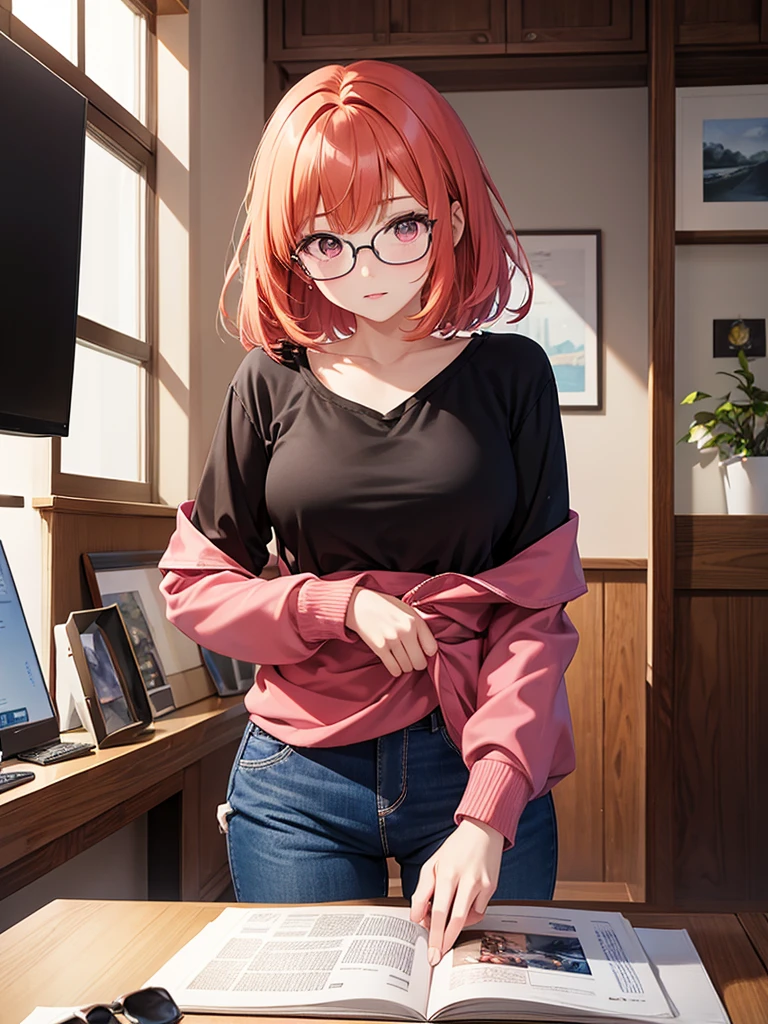 In manhwa art style young adult Korean woman 24s. Her hair is himecut with bangs and ginger color. Her face is oval , which carry a hopefully and cool face. Her skin is radiant and clear, and her lips is red pink. Brown color eyes are captivating and beautiful. She is wearing a black pants and blue long-sleeved and glasses blouse while inside his photographic studio