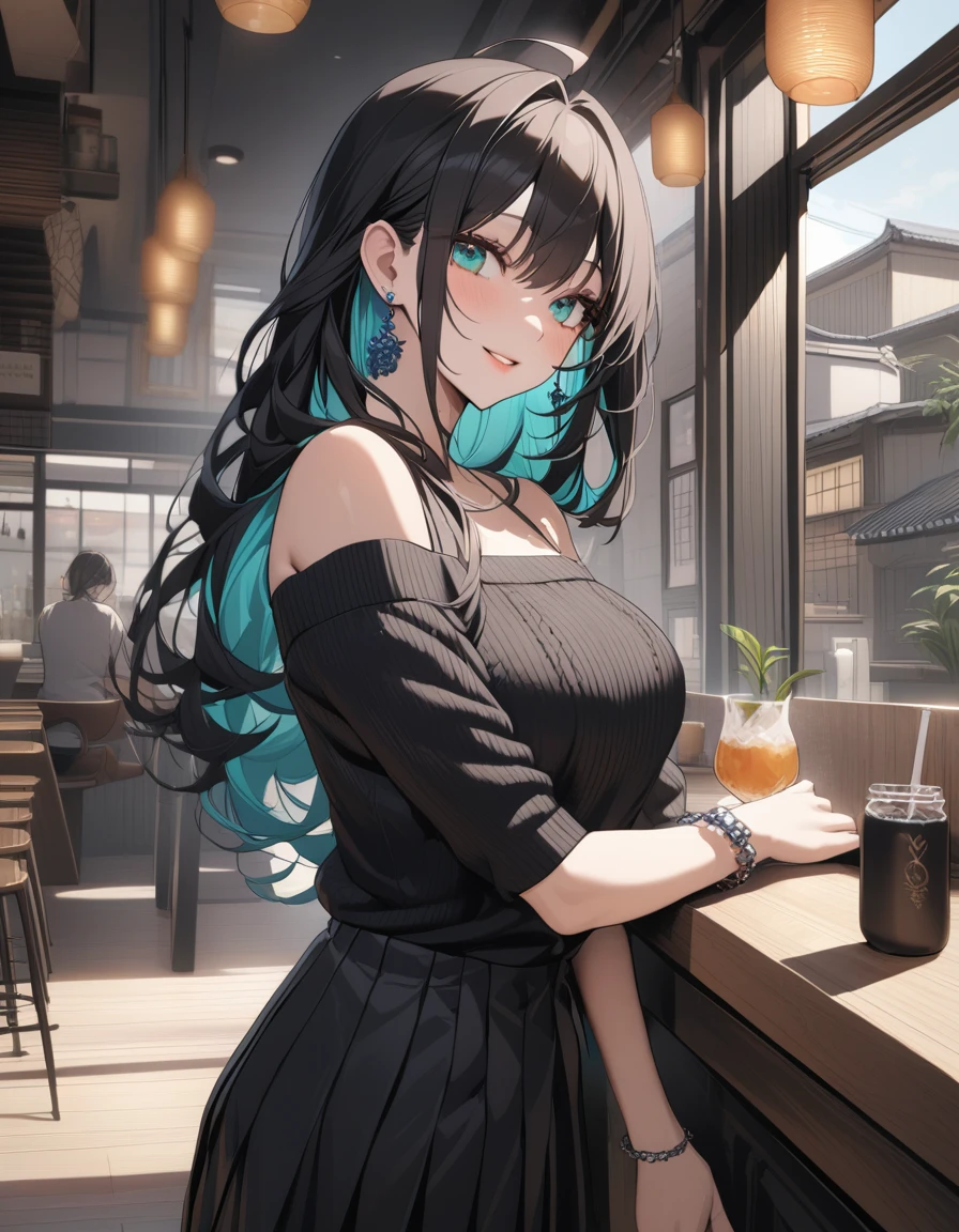 (Highest quality:1.2, three-dimensional, High Detail, masterpiece:1.2, Best aesthetics), (1 girl), Beautiful woman, Beautiful detailed eyes, Beautiful detailed lips, Highly detailed face, Delicate depiction of hair and eyes, Detailed Fashion, (detailed background:1.2) ((Portraiture, Cowboy Shot)), Aqua Eye, huge ahoge, Mouth open, Earrings, View your viewers, breasts, upper body, full body from knees to head, gaze away, gaze into the distance, smile lightly, fancy nails, in Sibuya city, in the cafe, bracelet, long hair, color inner hair, dark hair, black off-shoulder knit, pleated skirt, standing