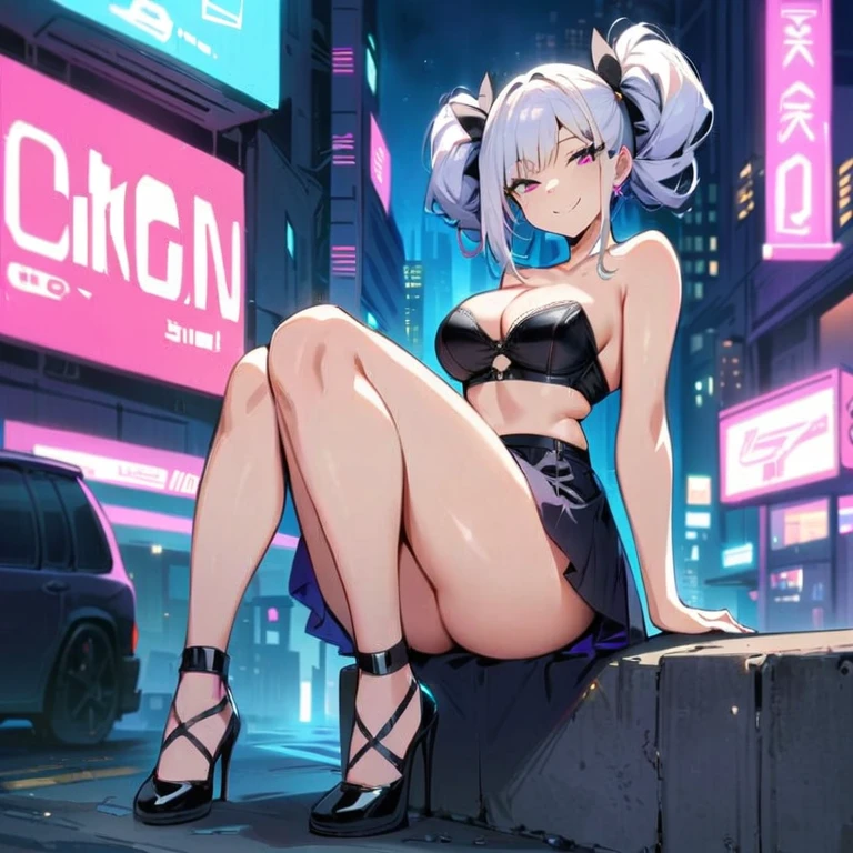 Cyberpunk City, Street, Night, neon light, neon sign, masterpiece, best quality, highres, large ass, 1 girl, long white hair, two tails hairstyle, wearing a black strapless bra and a skirt, looking at the viewer, having a flirty smirk, showing full body