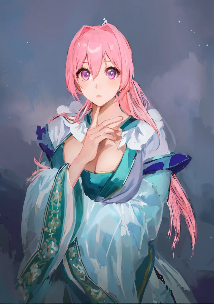 Pink Hair、Anime girl in blue dress poses for photo, Pink ponytail hair and pink eyes, Produced in collaboration with Anime Painter Studio, In the anime painter studio, Portrait of the Knights of the Zodiac,  Sonison，超级Sonison，Celluloid