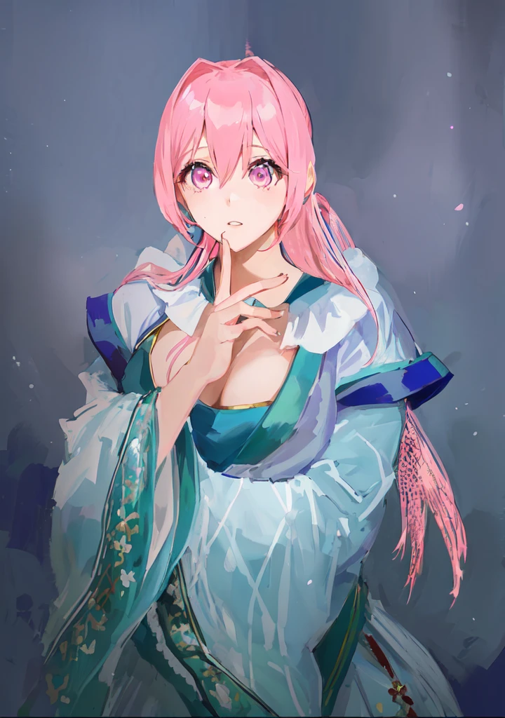 Pink Hair、Anime girl in blue dress poses for photo, Pink ponytail hair and pink eyes, Produced in collaboration with Anime Painter Studio, In the anime painter studio, Portrait of the Knights of the Zodiac,  Sonison，超级Sonison，Celluloid