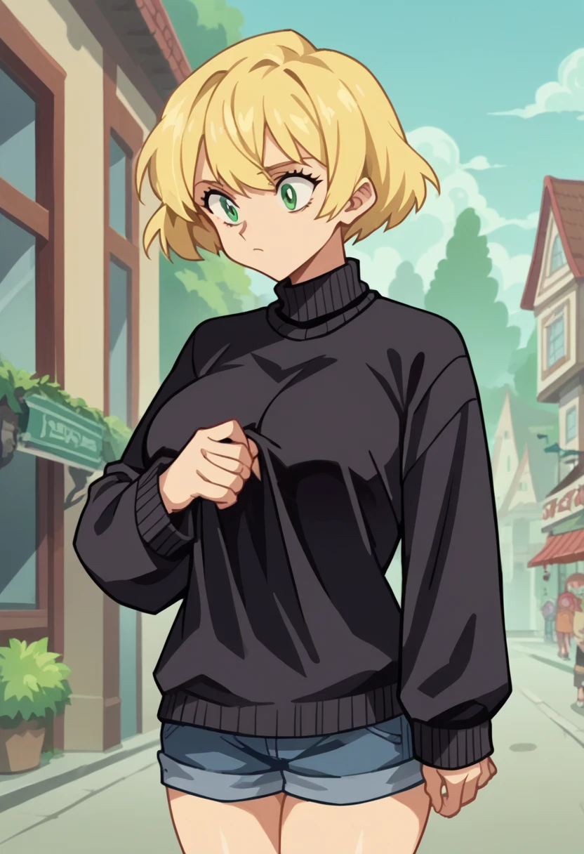 score_9, score_8_up, score_7_up, source_anime, anime_screencap, 1girl, druvisll, black sweater, green eyes, blonde hair, short hair, big breast, optionaltypo style