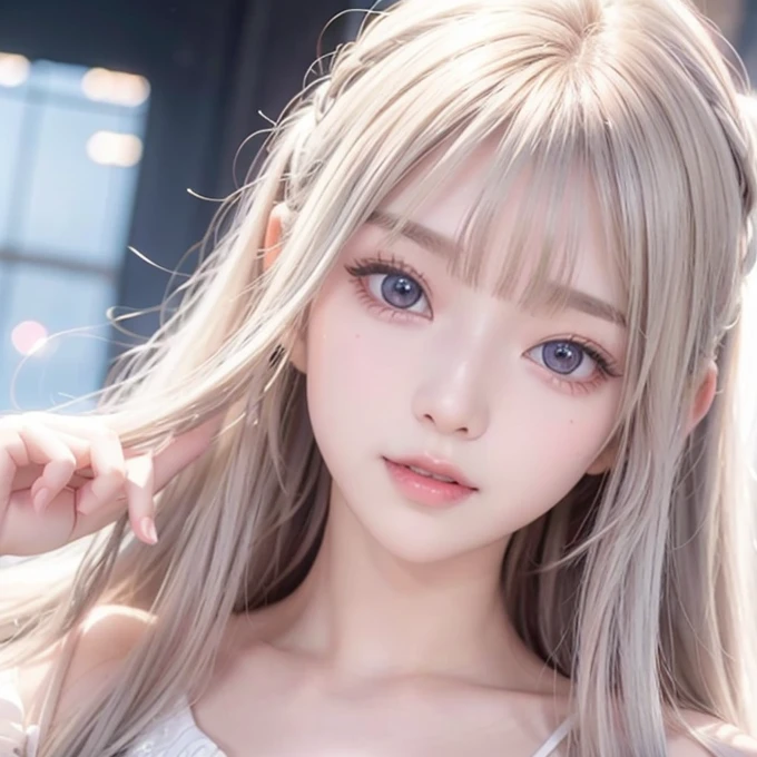 silver shiny hair, super long straight silky hair, dazzling blonde super long silky hair, cute little beautiful face 19 years old, beautiful girl, sparkling blonde dancing in front of her cute face, long silky bangs covering the space between her eyes, very beautiful, bright, large, bright blue eyes, very big eyes, hair hiding her face, sexy cute young woman with super long bangs, very white skin, cheek gloss highlighter, small beautiful face, round face, ample bust, pink small nipples, breasts overflowing from underwear