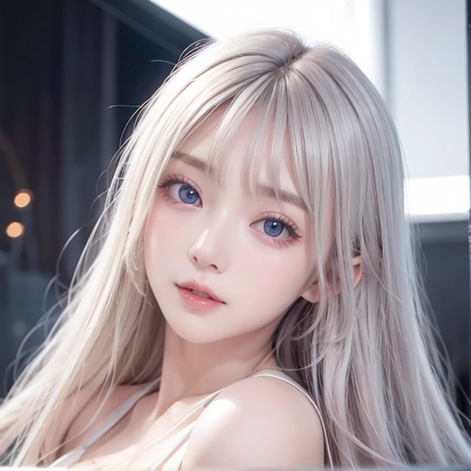 silver shiny hair, super long straight silky hair, dazzling blonde super long silky hair, cute little beautiful face 19 years old, beautiful girl, sparkling blonde dancing in front of her cute face, long silky bangs covering the space between her eyes, very beautiful, bright, large, bright blue eyes, very big eyes, hair hiding her face, sexy cute young woman with super long bangs, very white skin, cheek gloss highlighter, small beautiful face, round face, ample bust, pink small nipples, breasts overflowing from underwear
