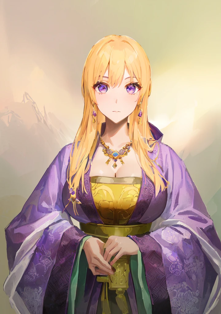 Wearing a purple robe、Cartoon image of a woman holding a bowl, ((Beautiful fantasy queen)), Produced in collaboration with Anime Painter Studio, Anime Goddess, Portrait of the Knights of the Zodiac, elfic priestess, ((Wearing noble robes)), Anime style like fate/overnight, Beautiful fantasy queen, In the anime painter studio，Three Kingdoms，Three Kingdoms志，Chinese style，antiquity，Hanfu，，Huge Breasts，Good shape，Royal sister，Purple Eyes，Celluloid