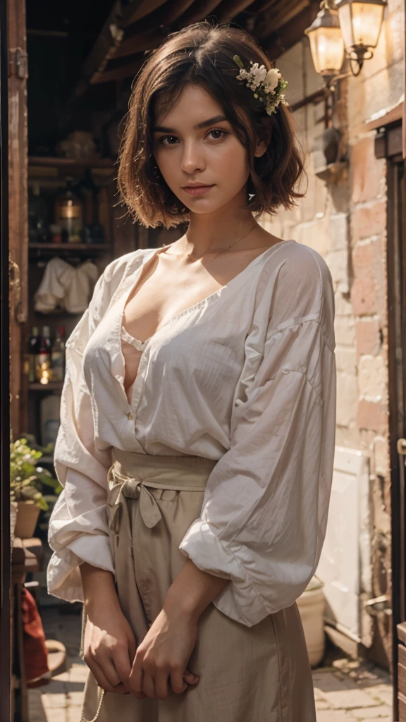 Sheep shepherd. green field. Flock of sheep. Beautiful and young girl dressed in peasant clothes. delicate. Bucolic.