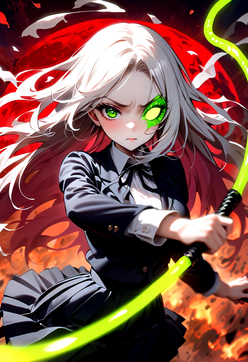 Japanese Anime,1 girl swinging a whip,Silver long hair,White flowers on eyes,Fire butterflys,Anime style,body movements,Sense of Power,Force Value,(((White spots on eyes:1.37))),(((Black pleated skirt,))),Elegant Posture、Red Moon、dark purple tones,Elegant and atmospheric。,(((Fluorescent green whip:1.37。Motion blurred,))),Petals in the sky,Blurred foreground,Face Focus