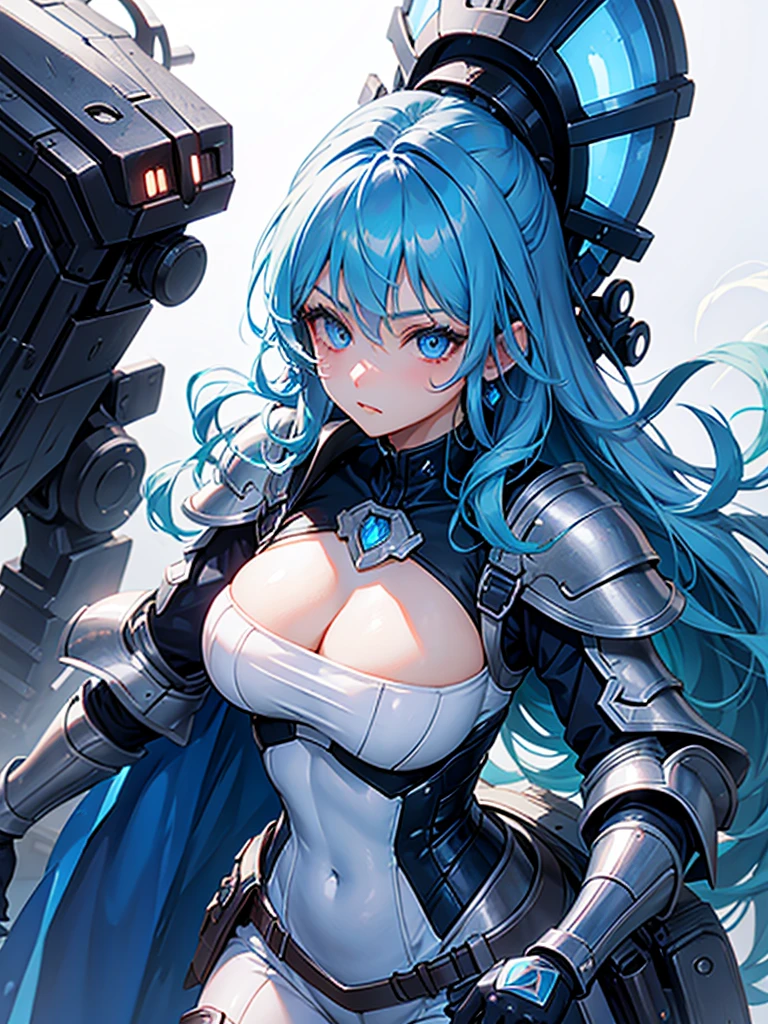 Beauty hunter girl, blue eyes, blue hair, full armour, big breasts, perfect eyes, fitted suit