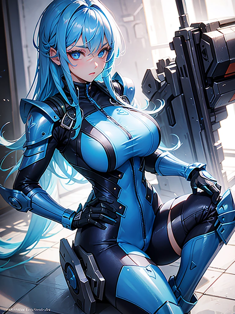 Beauty hunter girl, blue eyes, blue hair, full armour, big breasts, perfect eyes, fitted suit