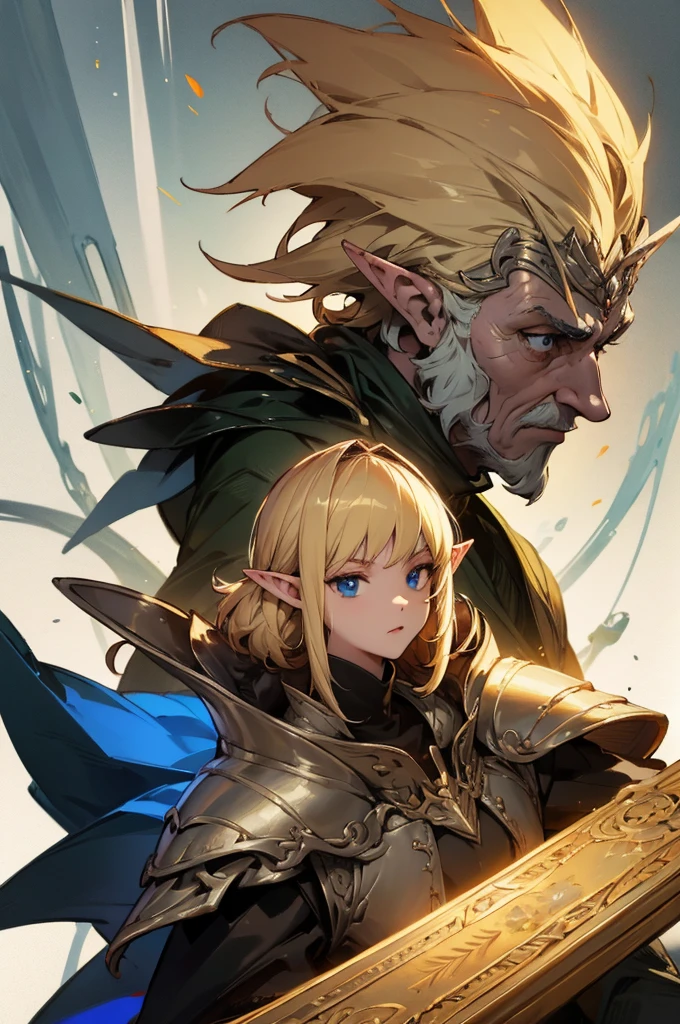 masterpiece, best quality, ultra high resolution, 1man, elven armor, male, fantasy illustration, elf, pointy ears, (old man), art by Kinema Citrus, (dirty blonde hair), blue eyes, wrinkles, signs of aging