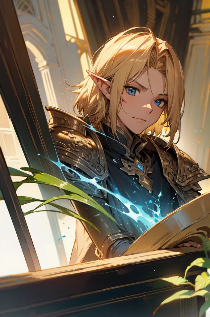 masterpiece, best quality, ultra high resolution, 1man, elven armor, male, fantasy illustration, elf, pointy ears, (old man), art by Kinema Citrus, (dirty blonde hair), blue eyes, wrinkles, signs of aging