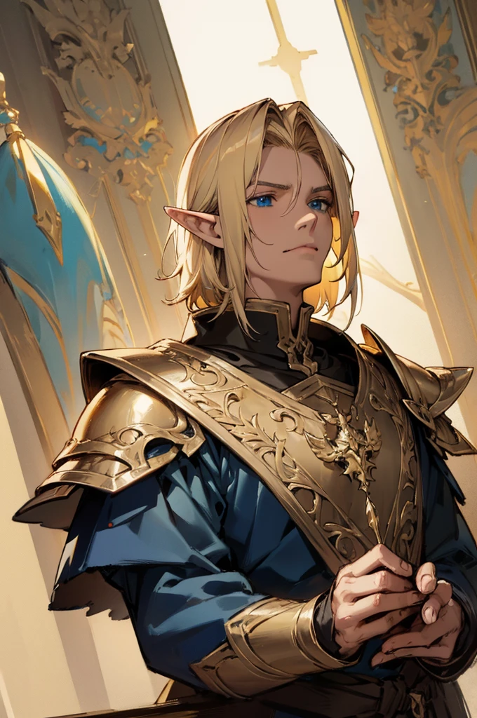 masterpiece, best quality, ultra high resolution, 1man, elven armor, male, fantasy illustration, elf, pointy ears, (old man), art by Kinema Citrus, (dirty blonde hair), blue eyes, wrinkles, signs of aging