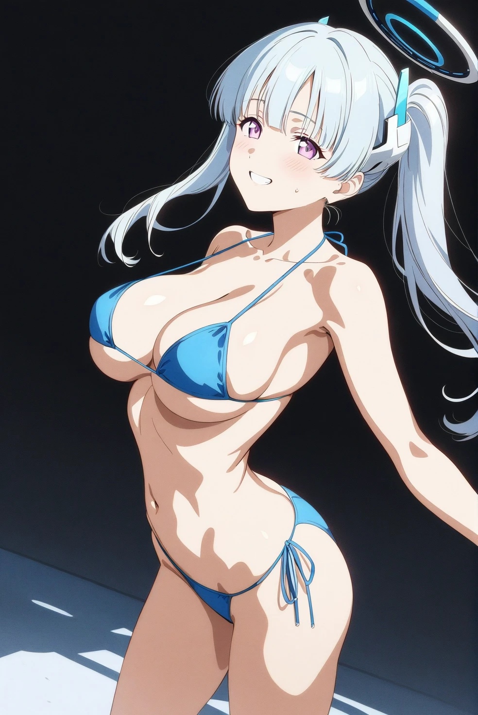 best quality, amazing quality, very aesthetic, absurdres, (1girl, noa, blue archive, solo, purpel eyes), (realistic face:0.9),(string bikini:1.8), (grin, blush, thigh:1.3), (cowboy shot), (glowing eyes), (half closed eyes:0.9), (ass), (official art:1.3), (pool), expressive eyes, perfect face, perfect anatomy, smooth skin, (black background:1.5), beautiful face, big breasts, (anime style:1.7), (Warm Light:1.5), (highres:2), (Chiaroscuro),