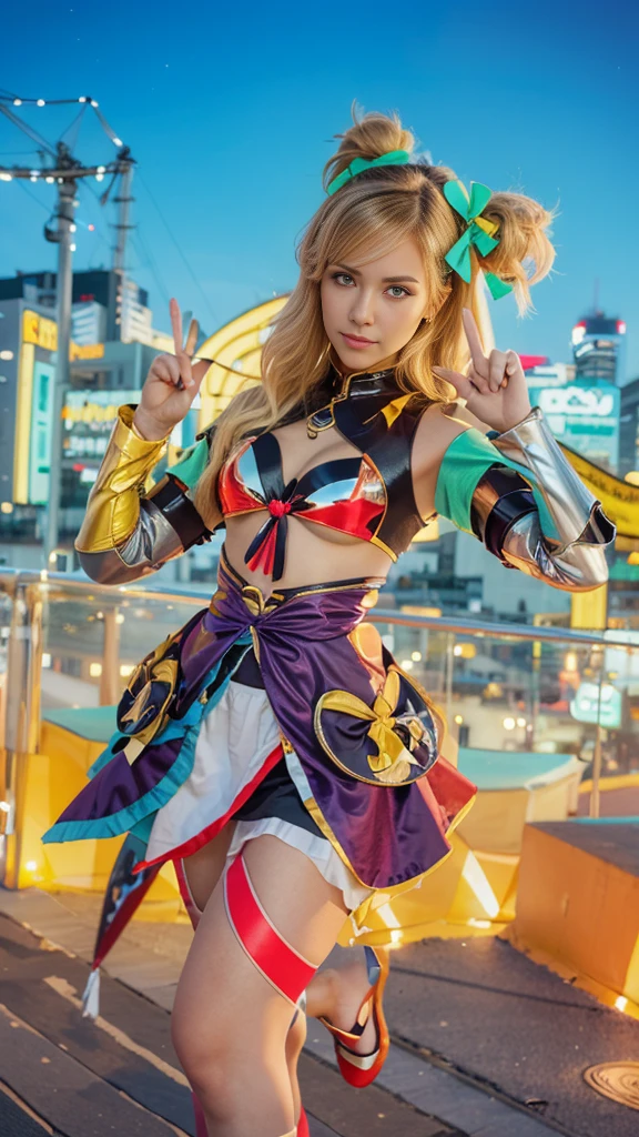  The image features a female character with a sleek, futuristic design. She has a large, stylized bow on her head, and her outfit includes a skirt and armor with a color scheme that includes shades of yellow, blue, and red. She is posed in a dynamic manner, with her hand raised in a peace sign and her head tilted to the side. The background consists of a vibrant, neon cityscape at night.