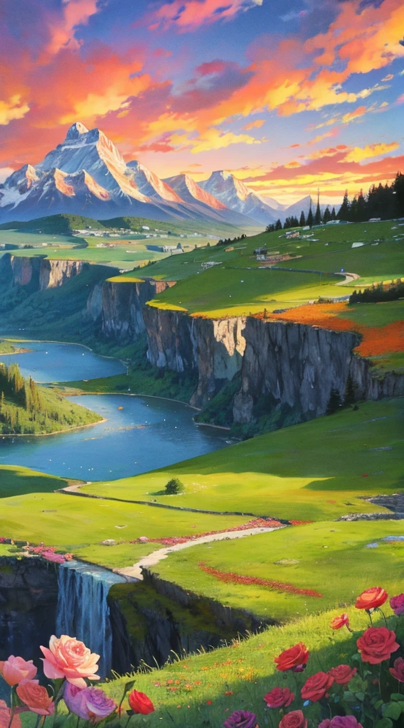 In the verdant countryside, a corridor of rocky mountains stretches out, its towering peaks kissed by the setting sun. The landscape is a vibrant quilt of verdant hues, with colorful vegetation painting the scene. Roses and flowers of diverse hues carpet the valley floors, their delicate petals swaying gently in the evening breeze. The sky above is a magnificent canvas, adorned with huge and full clouds tinged with hues of orange and pink, reflecting the warm glow of the sunset. The entire panorama is a masterpiece of nature, a visual treat that leaves one in awe of its intricate details and breathtaking beauty.