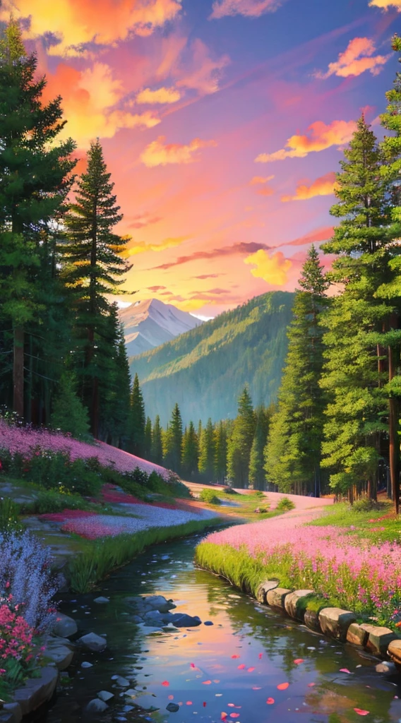 In the verdant countryside, a corridor of rocky mountains stretches out, its towering peaks kissed by the setting sun. The landscape is a vibrant quilt of verdant hues, with colorful vegetation painting the scene. Roses and flowers of diverse hues carpet the valley floors, their delicate petals swaying gently in the evening breeze. The sky above is a magnificent canvas, adorned with huge and full clouds tinged with hues of orange and pink, reflecting the warm glow of the sunset. The entire panorama is a masterpiece of nature, a visual treat that leaves one in awe of its intricate details and breathtaking beauty.