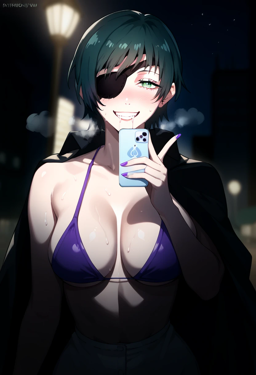 mature female, mature, Adult, himeno, himeno(Chainsaw Man), 1girl, black hair, short hair, eyepatch, solo, blush, phone, octopus symbol, seductive smile, grin, aroused, in heat, nsfw, steam, breath, sweat, drooling, Villains, chest, View your audience, Night town, City, skyscraper, Night, Dark, latex purple bikini under the black cape, masterpiece, Top animation quality，Top image quality,