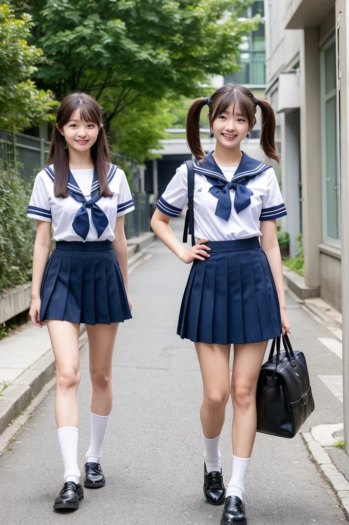 {2 | 3} girls walking in school street,sailor shirt,navy blue pleated skirt,school bag,18-year-old,bangs,a little smile,thighs,knees,short hair with low pigtails bunches,from below,front light